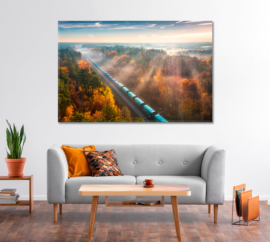 Freight Train in Beautiful Autumn Foggy Forest Canvas Print-Canvas Print-CetArt-1 Panel-24x16 inches-CetArt