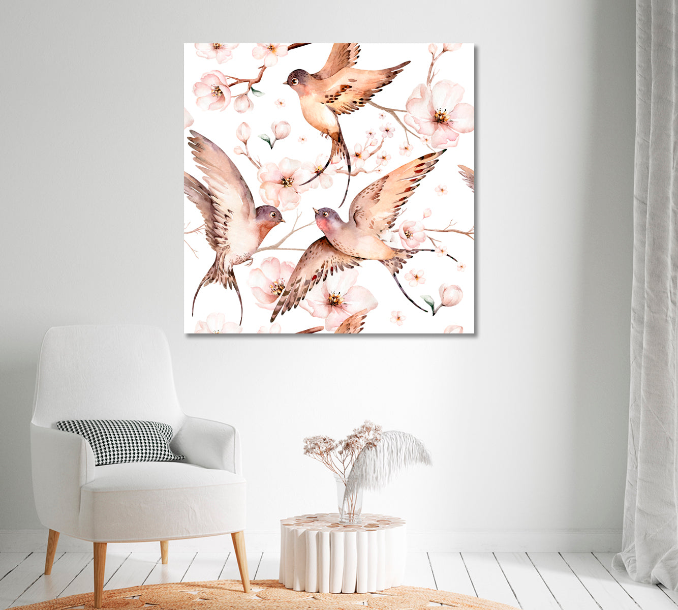 Watercolor Spring Flying Swallows Canvas Print-Canvas Print-CetArt-1 panel-12x12 inches-CetArt