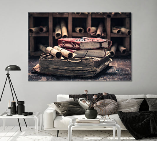 Scrolls and Books in Medieval Library Canvas Print-Canvas Print-CetArt-1 Panel-24x16 inches-CetArt