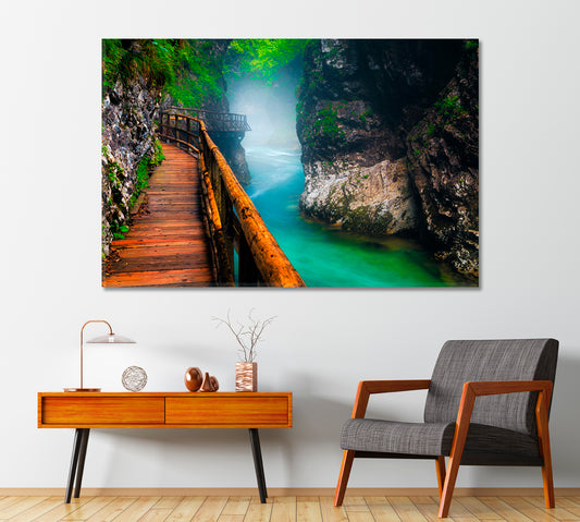 Narrow Foggy Vintgar Gorge with Wooden Footbridge Slovenia Canvas Print-Canvas Print-CetArt-1 Panel-24x16 inches-CetArt