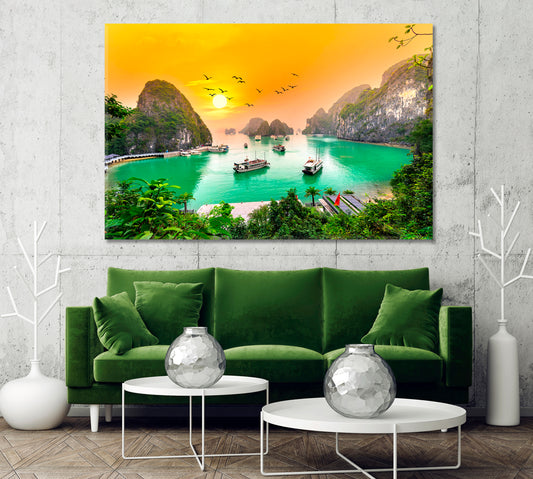 Very Beautiful Sunset over Halong Bay Vietnam Canvas Print-Canvas Print-CetArt-1 Panel-24x16 inches-CetArt