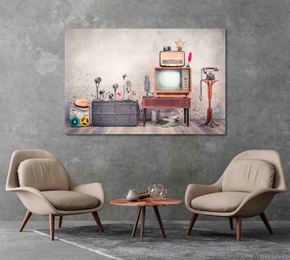 Retro TV and Old Microphones Vintage Style Canvas Print-Canvas Print-CetArt-1 Panel-24x16 inches-CetArt
