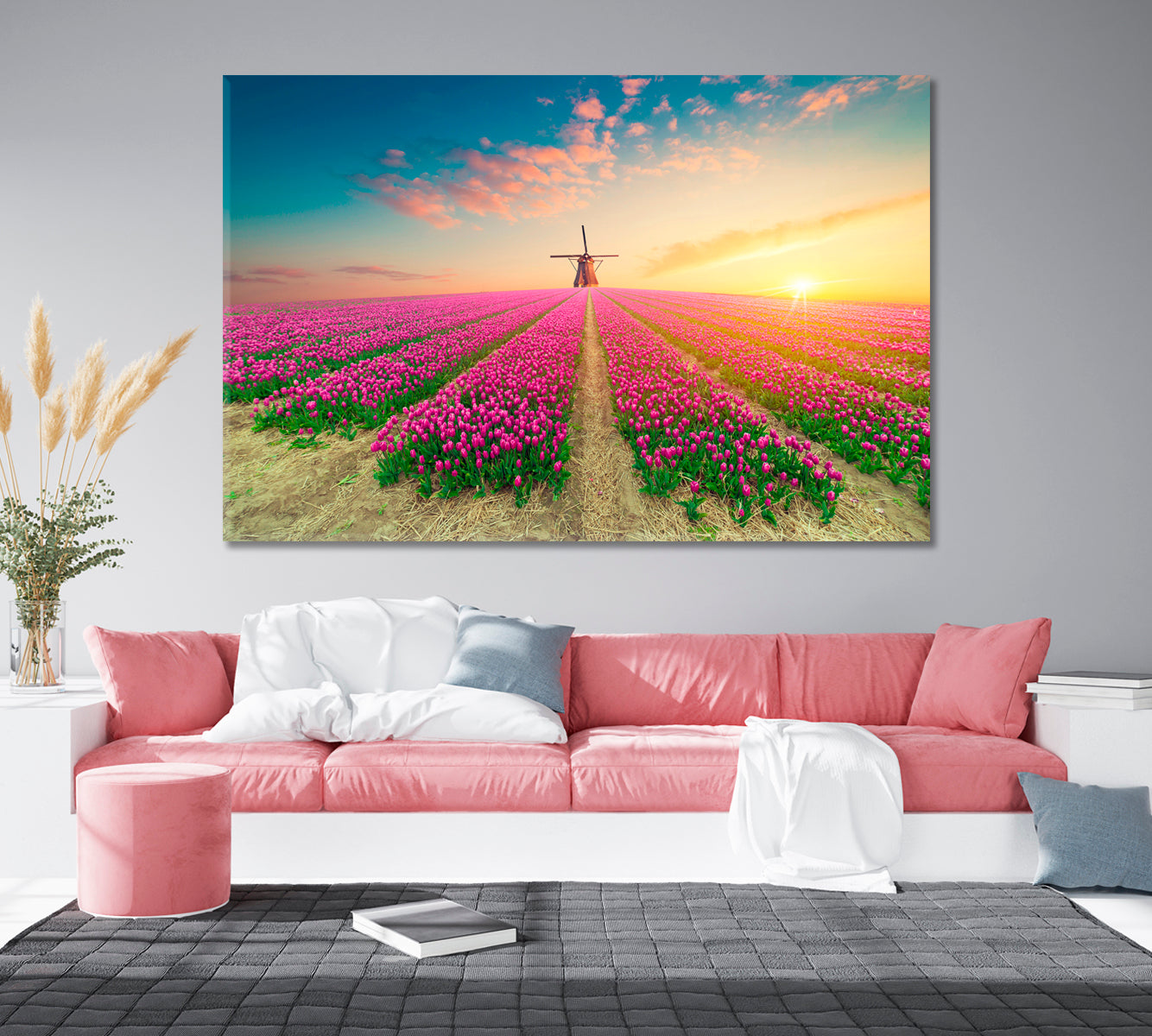 Windmill in Tulips Field Netherlands Canvas Print-Canvas Print-CetArt-1 Panel-24x16 inches-CetArt