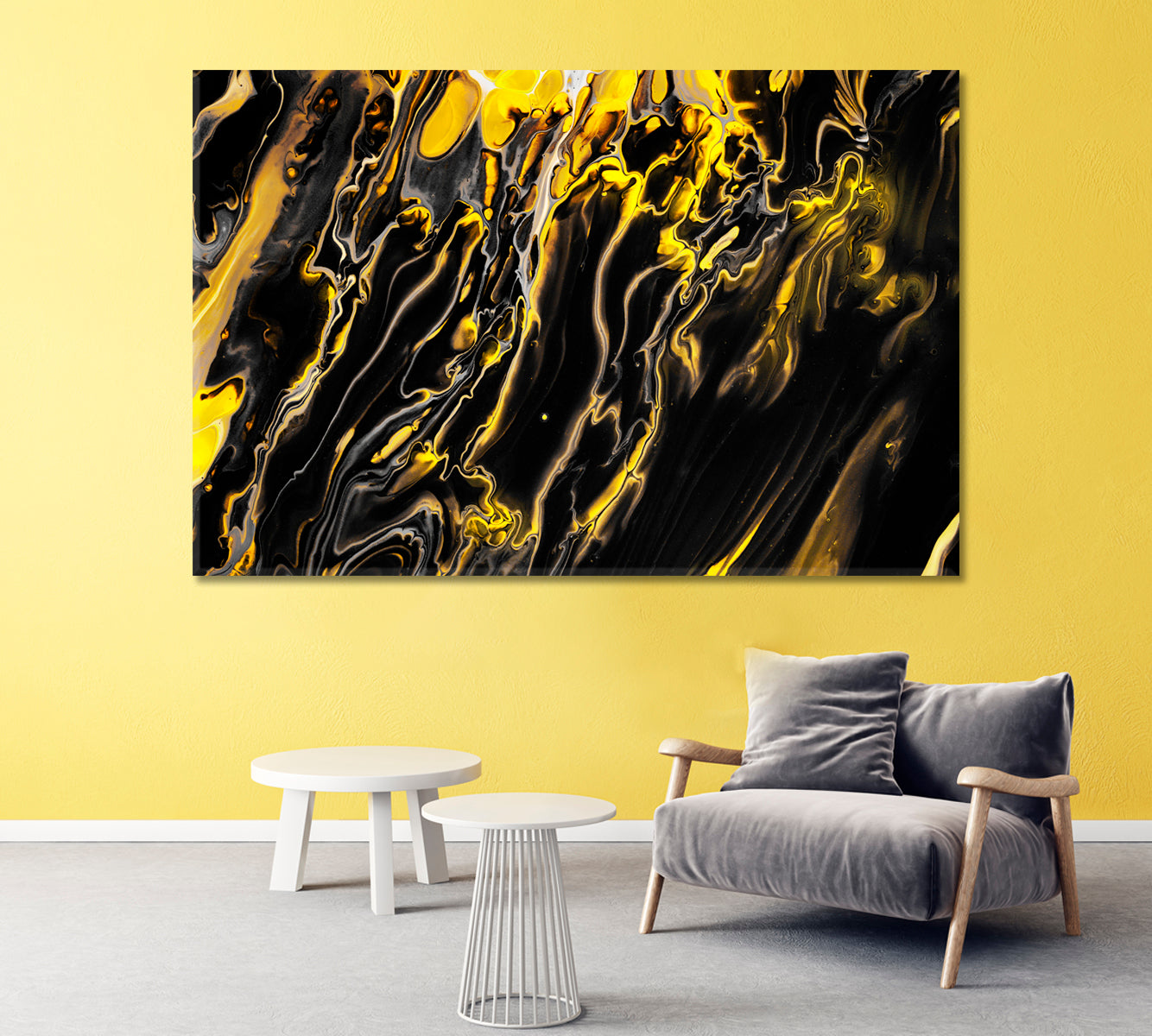 Black and Yellow Fluid Marble Pattern Canvas Print-Canvas Print-CetArt-1 Panel-24x16 inches-CetArt
