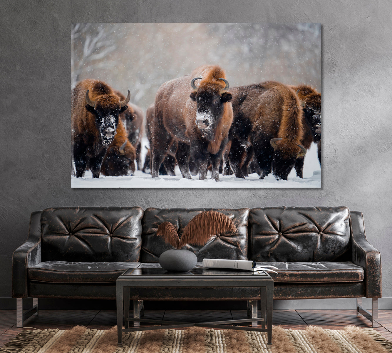 Herd of Wild Bisons in Winter Time Canvas Print-Canvas Print-CetArt-1 Panel-24x16 inches-CetArt