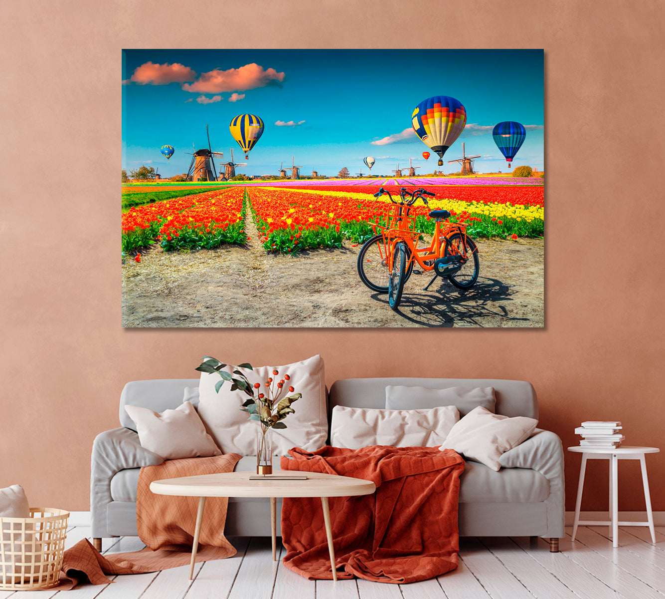 Hot Air Balloons over Tulip Fields Kinderdijk Netherlands Canvas Print-Canvas Print-CetArt-1 Panel-24x16 inches-CetArt