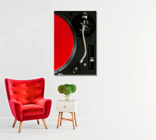 Record Player with bold red vinyl—vertical canvas