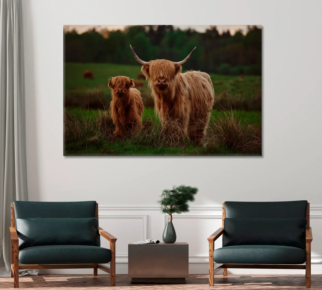 Highland Cow canvas print above two lounge chairs — modern farmhouse living room preview.