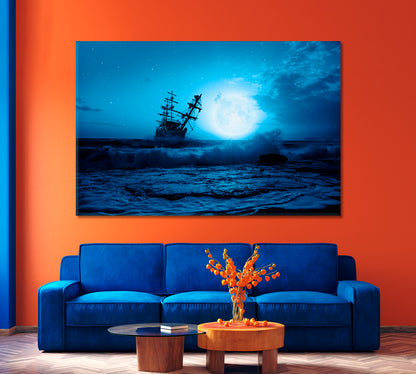 Sailing Old Ship in Stormy Sea at Night Canvas Print-Canvas Print-CetArt-1 Panel-24x16 inches-CetArt