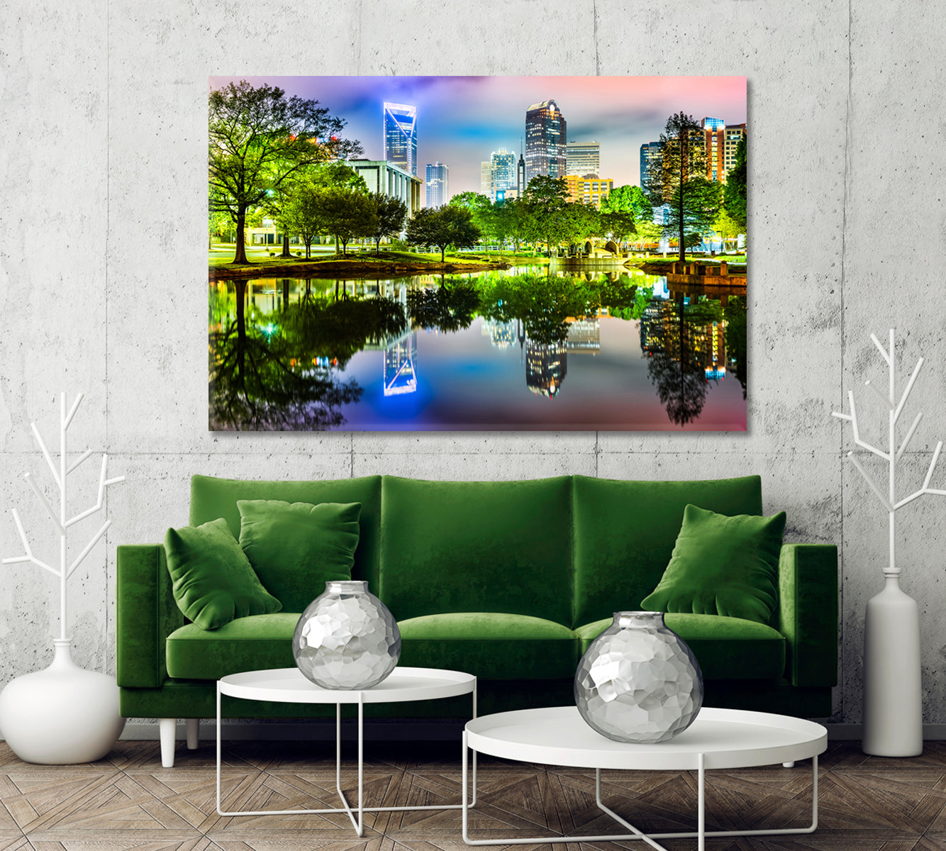 Reflection of Charlotte Lights in Marshall Park Pond Canvas Print-Canvas Print-CetArt-1 Panel-24x16 inches-CetArt