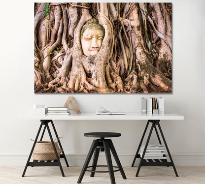 Buddha Head in Roots of Old Tree Banyan Thailand Canvas Print-Canvas Print-CetArt-1 Panel-24x16 inches-CetArt