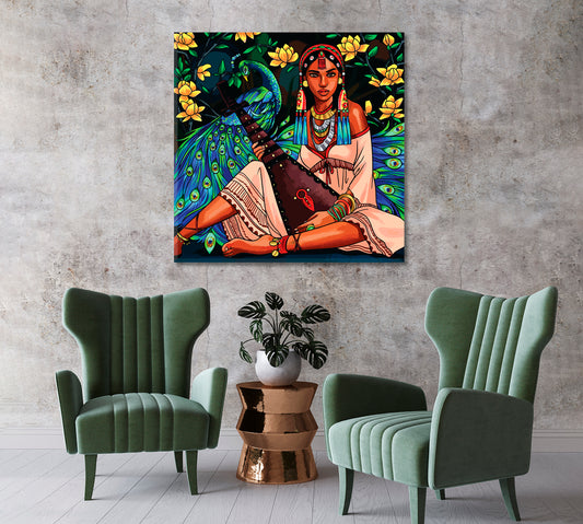 Beautiful Oriental Girl with a Musical Instrument Canvas Print-Canvas Print-CetArt-1 panel-12x12 inches-CetArt