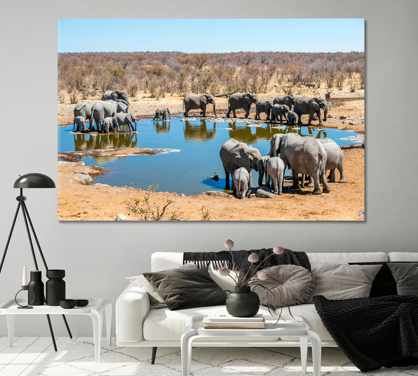 Large Family of African Elephants Drinking at a Waterhole Canvas Print-Canvas Print-CetArt-1 Panel-24x16 inches-CetArt