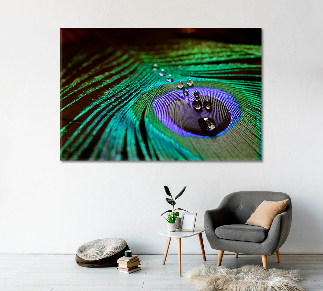 Peacock Feather with Drops of Water Canvas Print-Canvas Print-CetArt-1 Panel-24x16 inches-CetArt