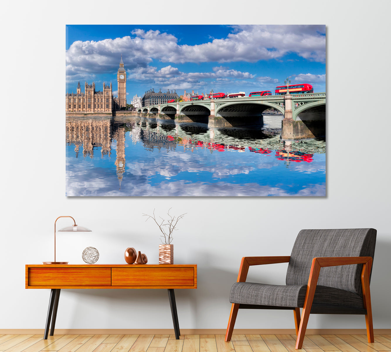 Big Ben and Westminster Bridge with Red Buses London Canvas Print-Canvas Print-CetArt-1 Panel-24x16 inches-CetArt