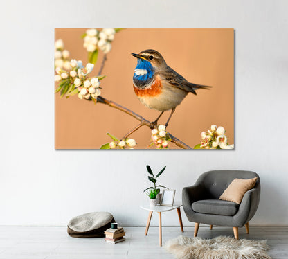 Bluethroat Bird on Cherry Blossom Branch Canvas Print-Canvas Print-CetArt-1 Panel-24x16 inches-CetArt