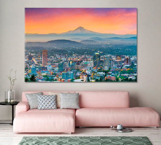 Portland Skyscrapers and Mount Hood Volcano Canvas Print-Canvas Print-CetArt-1 Panel-24x16 inches-CetArt