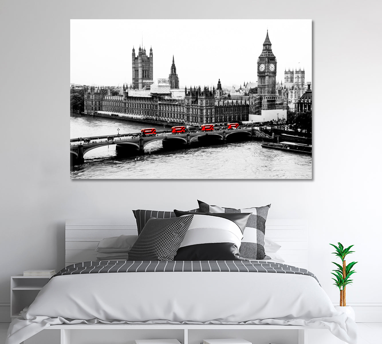 Black and White London with Red Buses Canvas Print-Canvas Print-CetArt-1 Panel-24x16 inches-CetArt