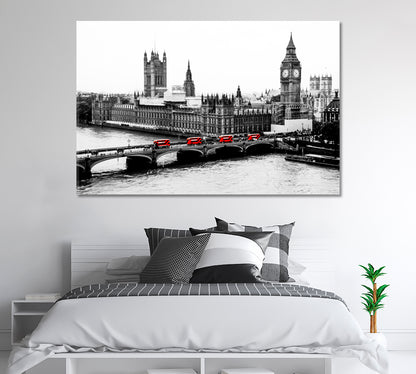 Black and White London with Red Buses Canvas Print-Canvas Print-CetArt-1 Panel-24x16 inches-CetArt