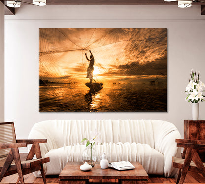Fisherman Silhouette on Boat with Fishing Net Canvas Print-Canvas Print-CetArt-1 Panel-24x16 inches-CetArt