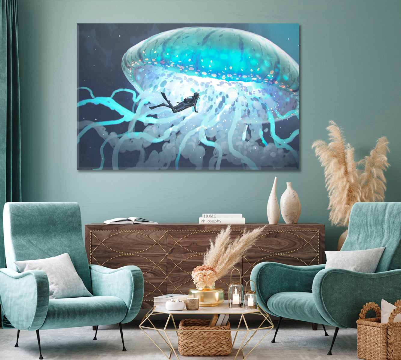 Giant Jellyfish with Diver Canvas Print-Canvas Print-CetArt-1 Panel-24x16 inches-CetArt