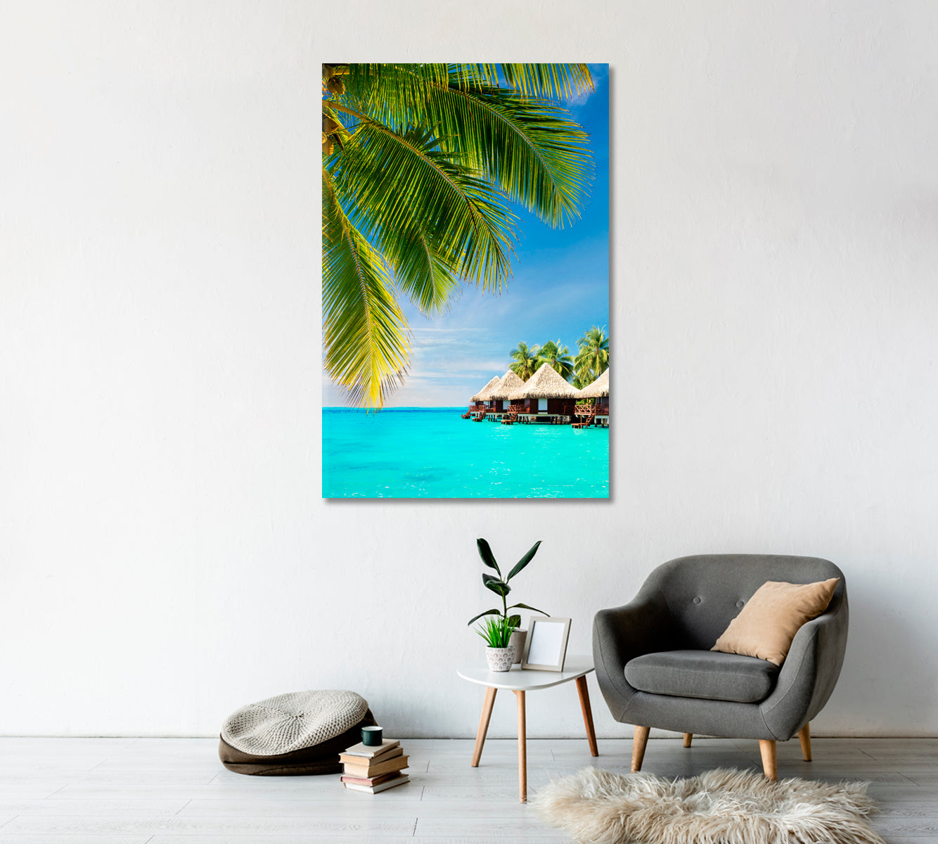 Coconut Tree over Ocean with Bungalows Canvas Print-Canvas Print-CetArt-1 panel-16x24 inches-CetArt