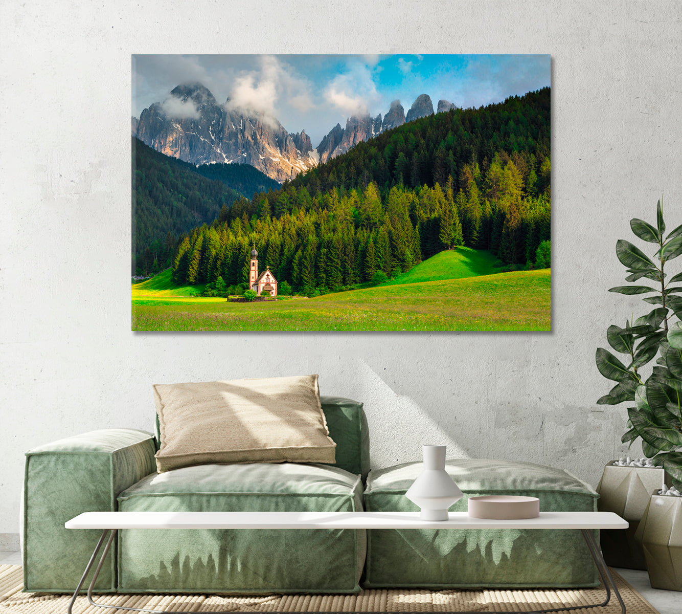 Alpine St Johann Church in Val di Funes Valley Italy Canvas Print-Canvas Print-CetArt-1 Panel-24x16 inches-CetArt