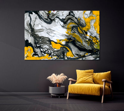 Yellow and Black Ink on White Marble Canvas Print-Canvas Print-CetArt-1 Panel-24x16 inches-CetArt