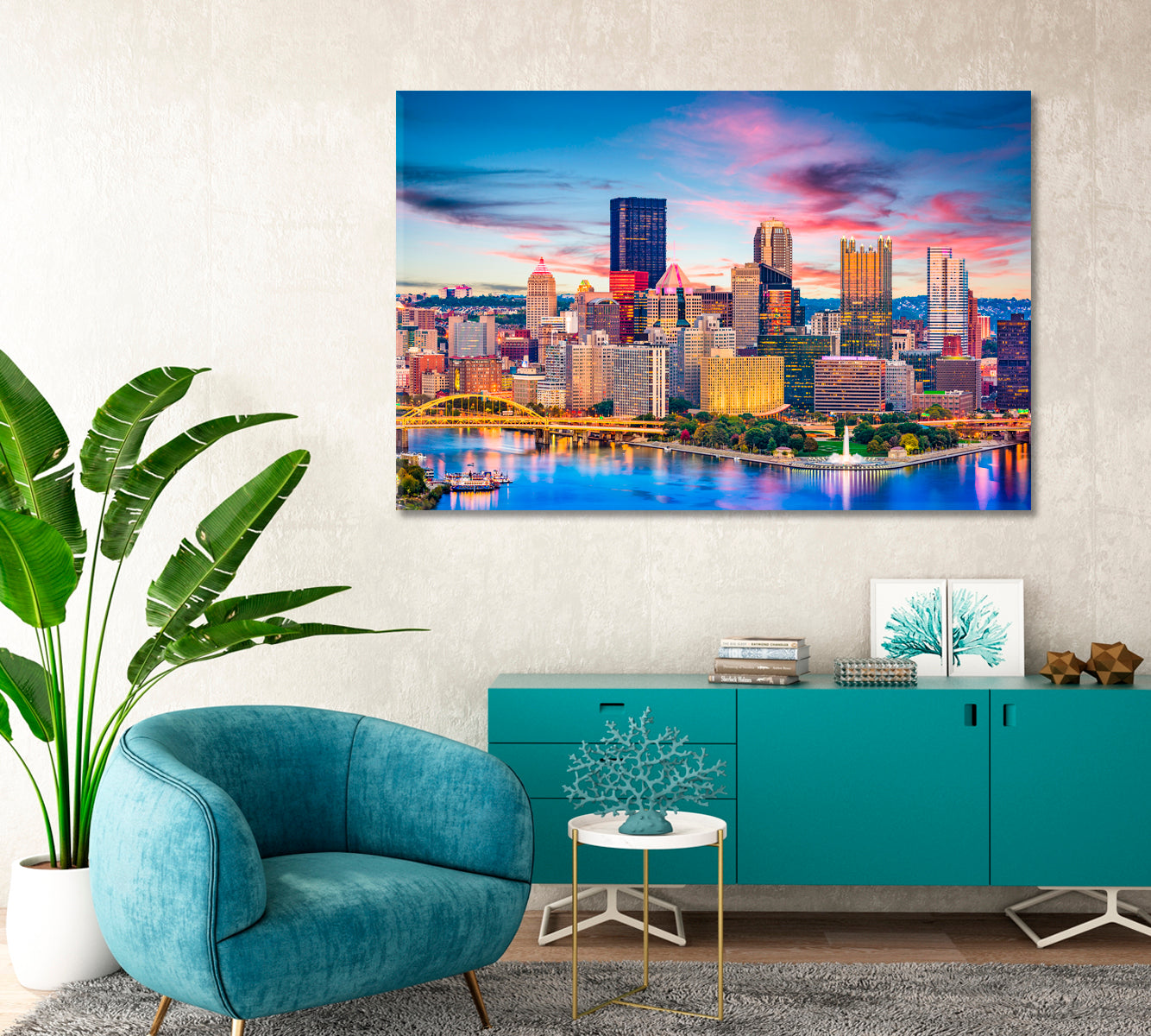 Colorful Skyscrapers of Pittsburgh at Dusk USA Canvas Print-Canvas Print-CetArt-1 Panel-24x16 inches-CetArt