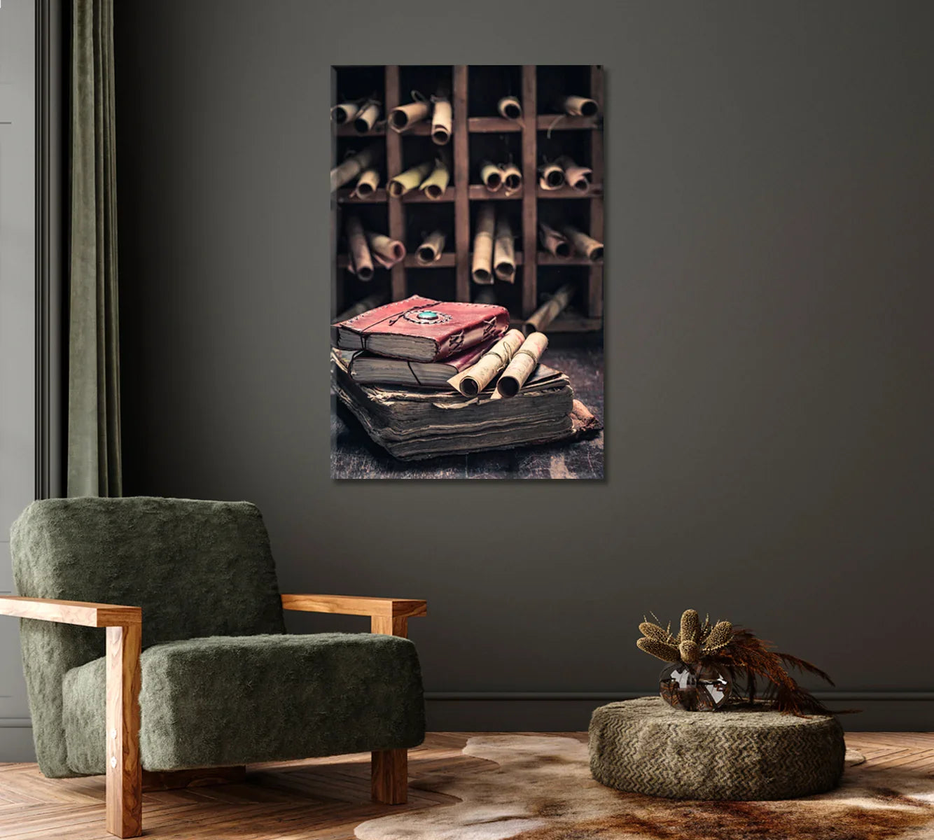 Antique Books and Scrolls in Library — Canvas Print Antique books and rolled scrolls still life