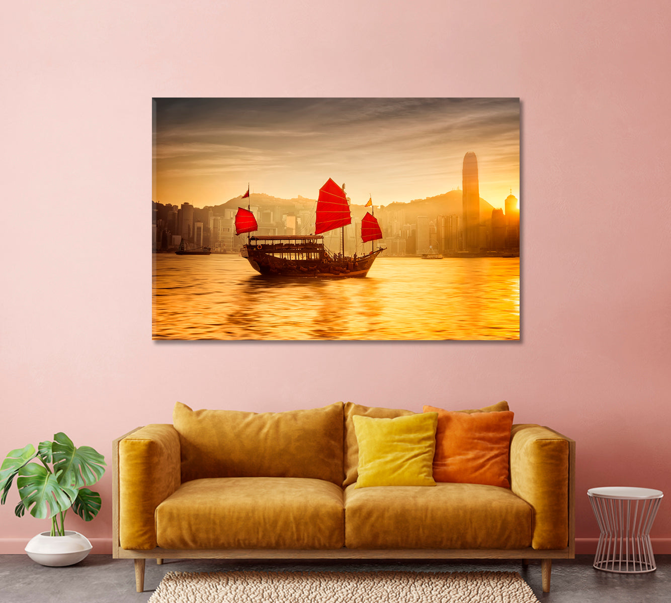 Sunset in Hong Kong Skyline with Sailing Boat in Victoria Harbor Canvas Print-Canvas Print-CetArt-1 Panel-24x16 inches-CetArt