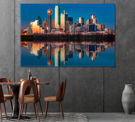 Dallas Skyline Reflected in Trinity River at Sunset Canvas Print-Canvas Print-CetArt-1 Panel-24x16 inches-CetArt