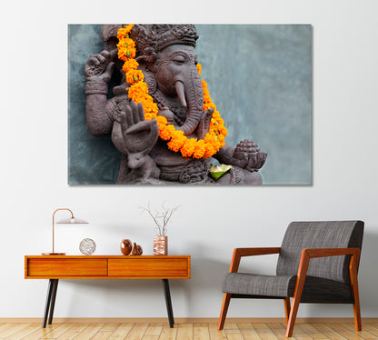 Ganesha Statue with Flower Necklace Canvas Print-Canvas Print-CetArt-1 Panel-24x16 inches-CetArt