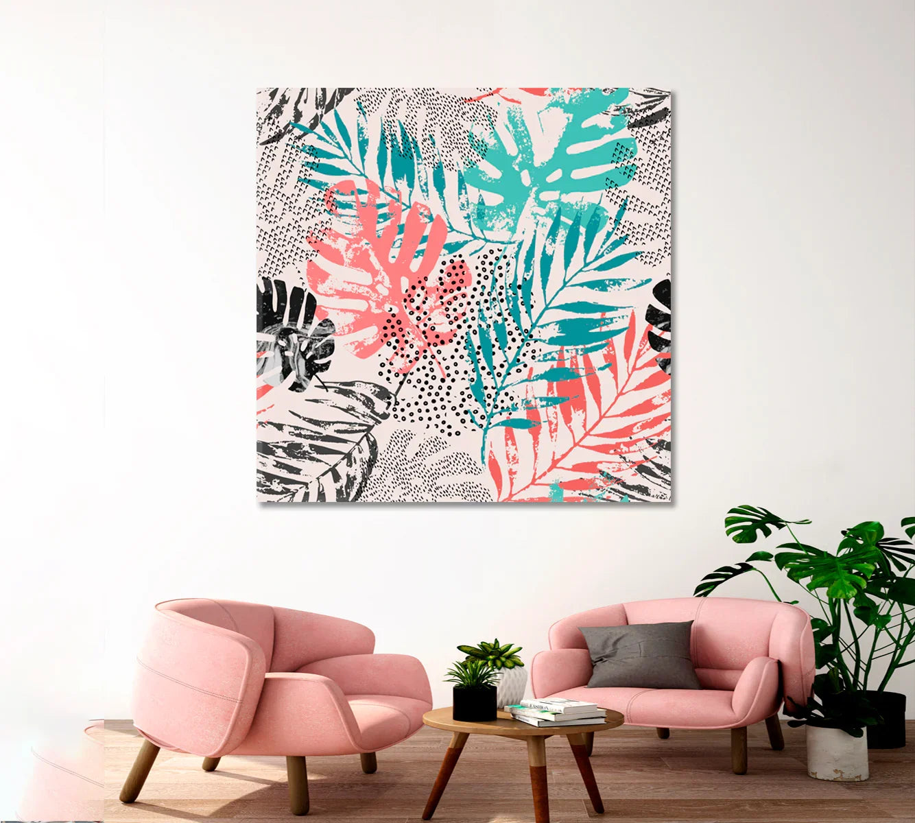 Abstract Palm Leaves and Monstera canvas print hanging above blush lounge chairs — modern botanical wall art ready to hang.