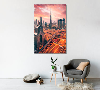 Dubai Skyscrapers and Illuminated Highway UAE Canvas Print-Canvas Print-CetArt-1 panel-16x24 inches-CetArt