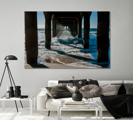 Crashing Waves Under Manhattan Beach Pier Canvas Print-Canvas Print-CetArt-1 Panel-24x16 inches-CetArt