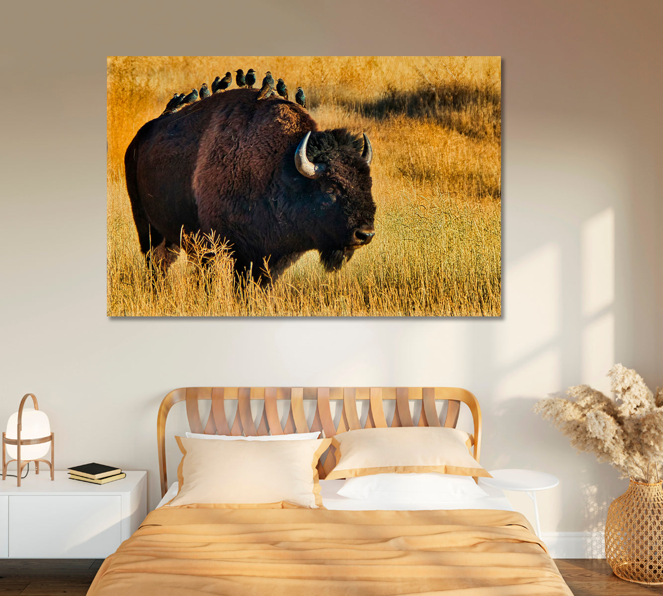 American Bison with Starlings on Back Canvas Print-Canvas Print-CetArt-1 Panel-24x16 inches-CetArt