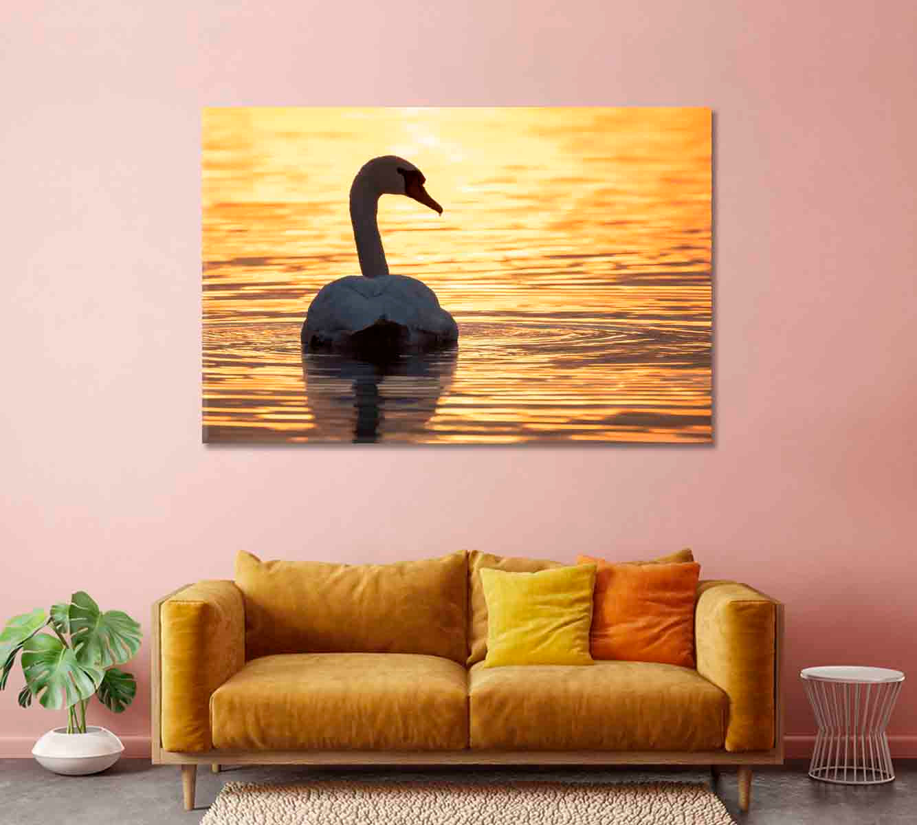 Swan on Lake at Golden Sunset Canvas Print-Canvas Print-CetArt-1 Panel-24x16 inches-CetArt