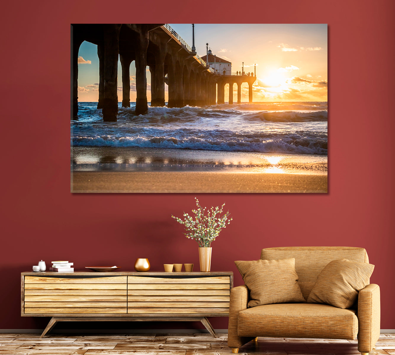 Sunset Behind the Pier at Manhattan Beach California Canvas Print-Canvas Print-CetArt-1 Panel-24x16 inches-CetArt