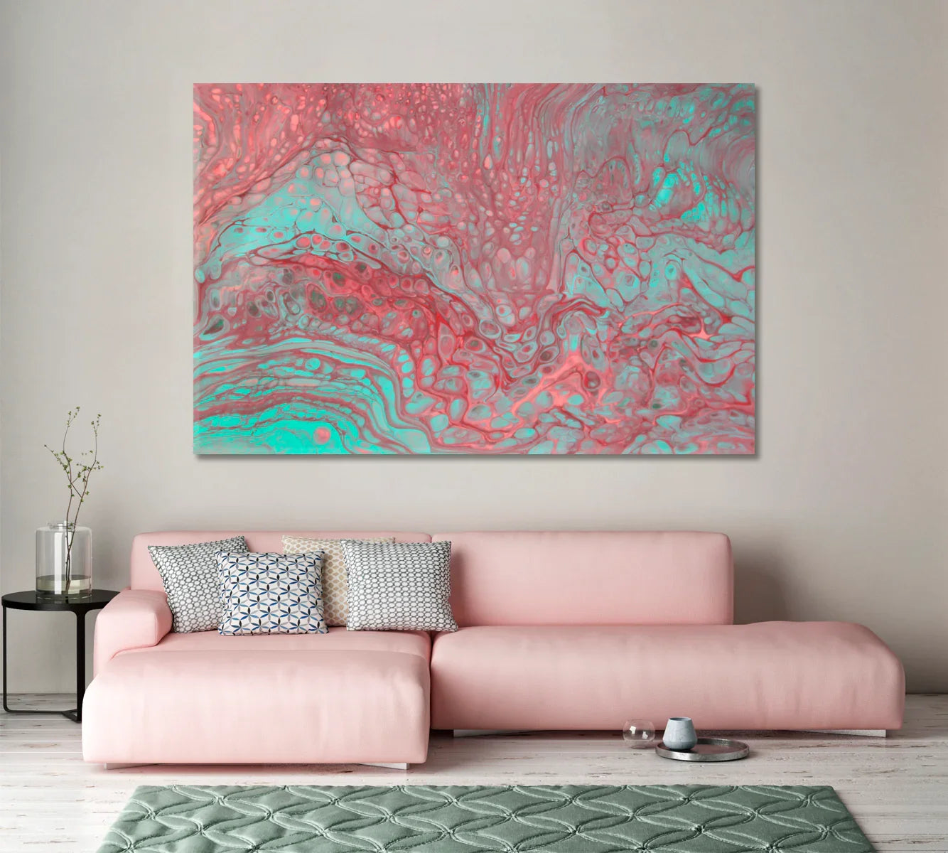 Abstract Pink & Blue Acrylic Bubbles canvas styled above a blush sectional in a modern living room.