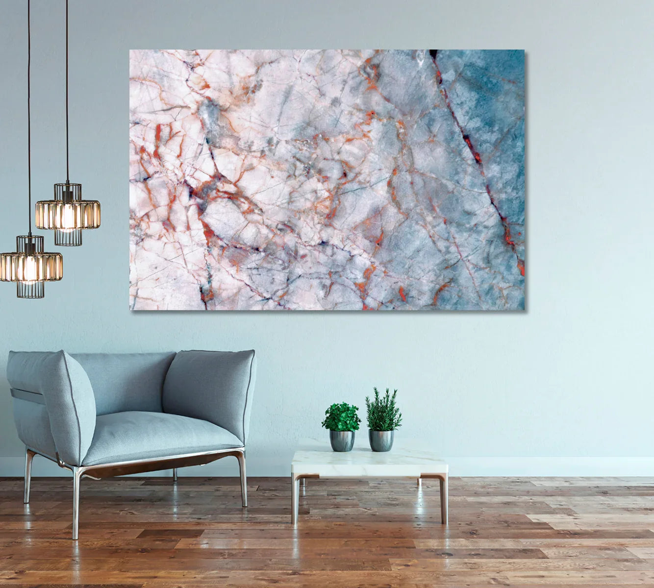 Große Leinwand mit Steinmuster über einem modernen Sofa – Inspiration fürs Wohnzimmer