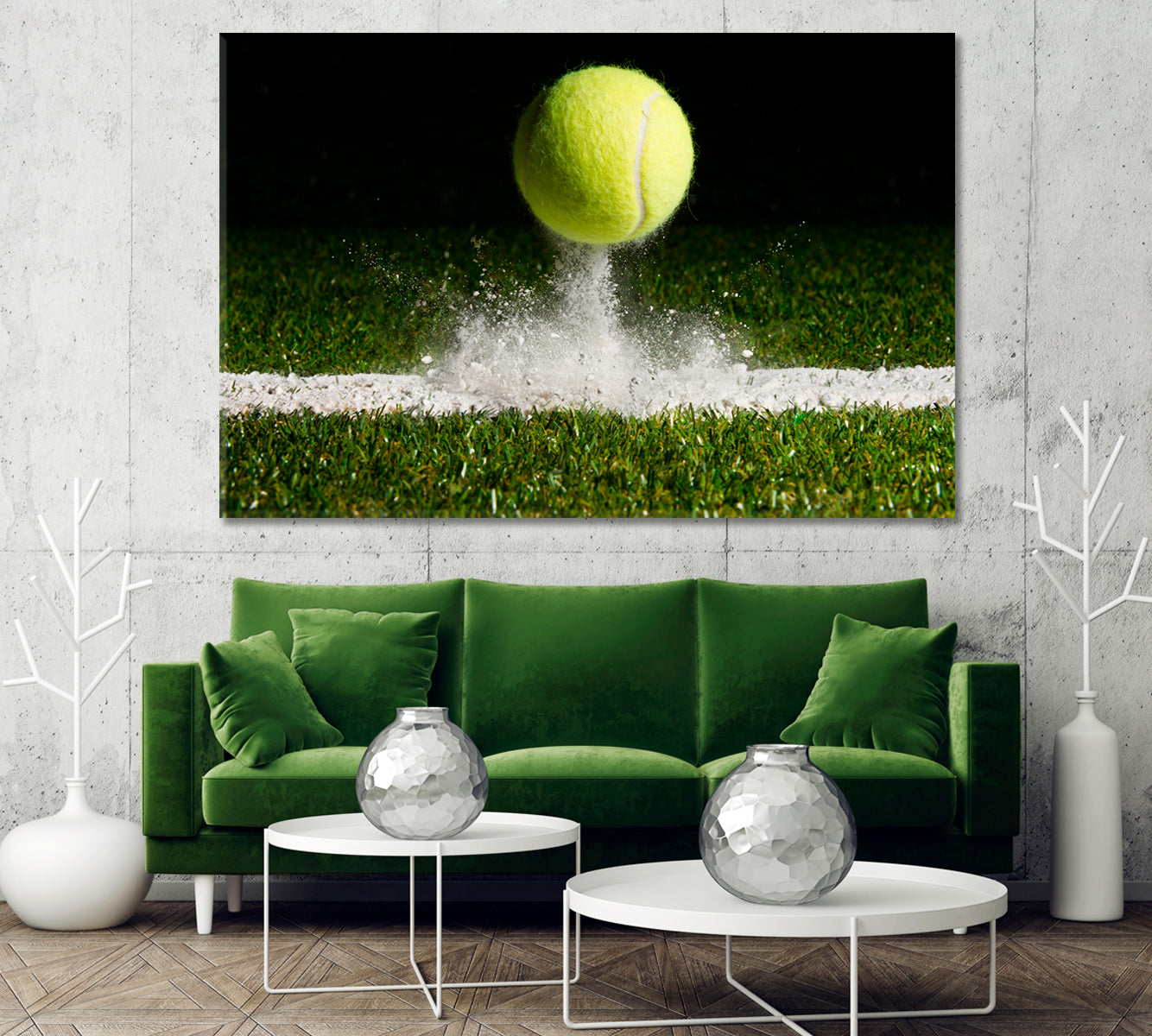 Tennis Ball Bounces off Line on Grass Canvas Print-Canvas Print-CetArt-1 Panel-24x16 inches-CetArt