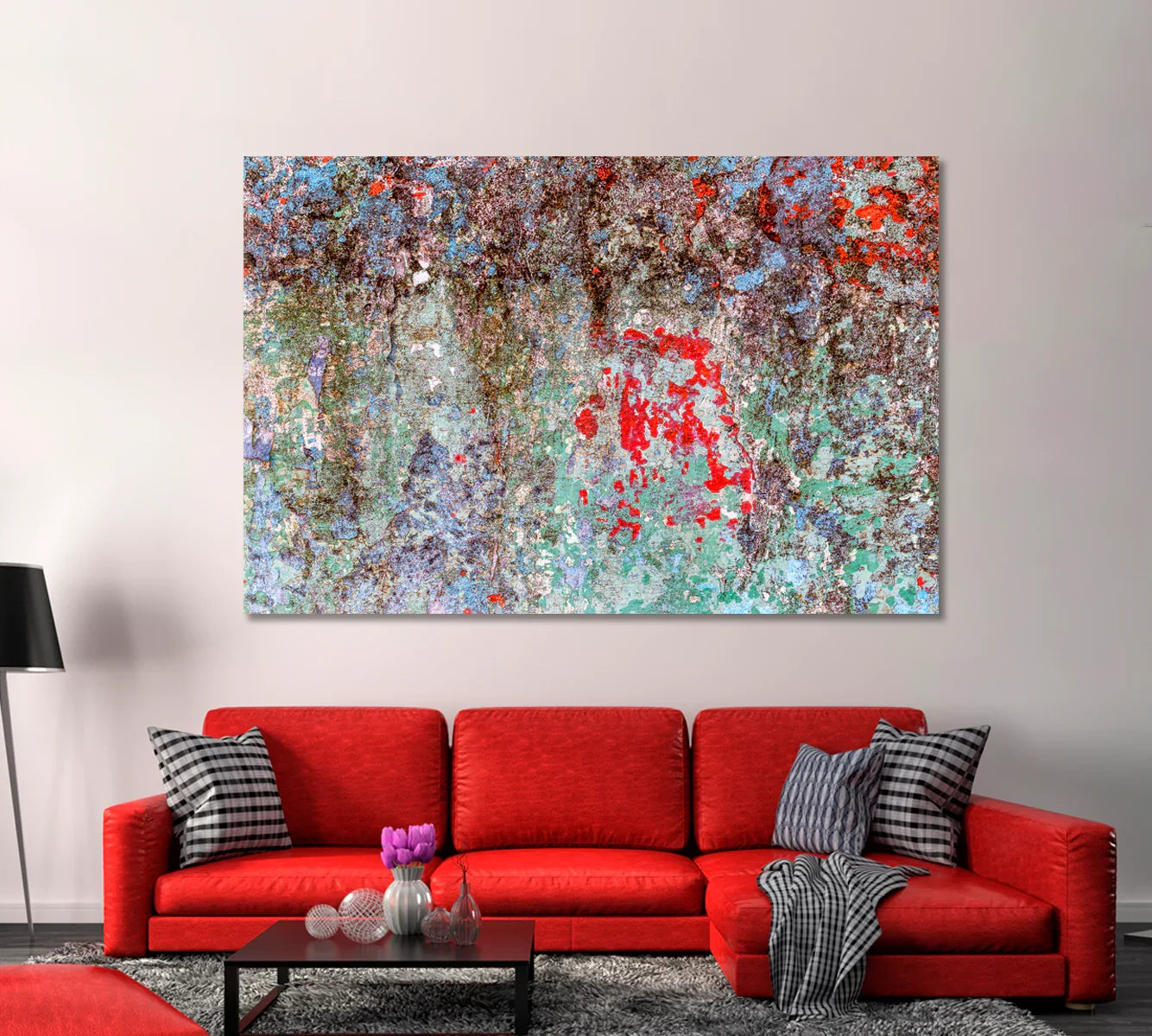 Abstract Cracked Wall Effect canvas above red sofa—textured teal, violet and red patina