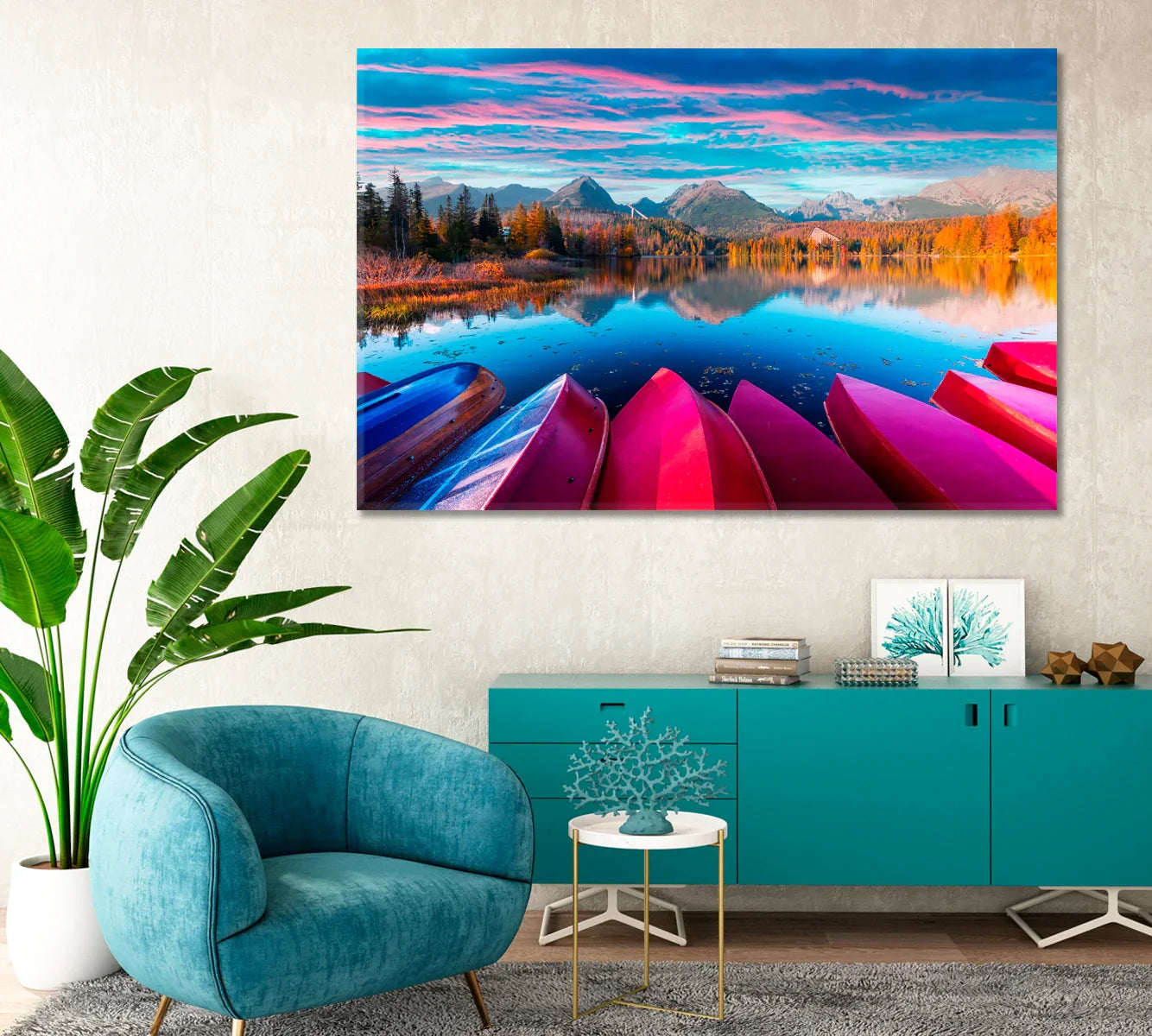 Lifestyle view: Štrbské Pleso red boats canvas above teal sideboard and armchair