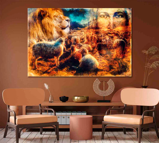 Jesus with Lambs and Lion Canvas Print-Canvas Print-CetArt-1 Panel-24x16 inches-CetArt