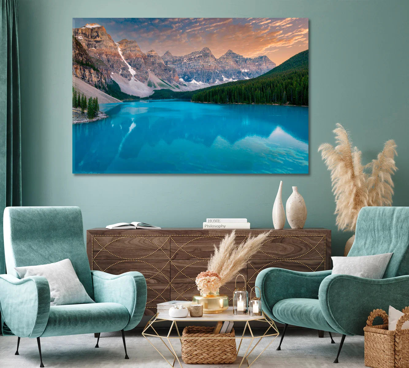 Moraine Lake canvas print styled in a modern living room with teal velvet chairs