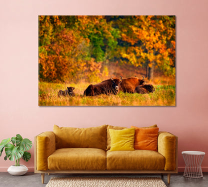Bison Family in Autumn Forest Canvas Print-Canvas Print-CetArt-1 Panel-24x16 inches-CetArt