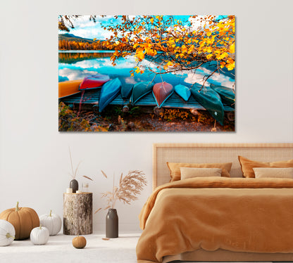 Canoes On Lake at Autumn Forest Canvas Print-Canvas Print-CetArt-1 Panel-24x16 inches-CetArt