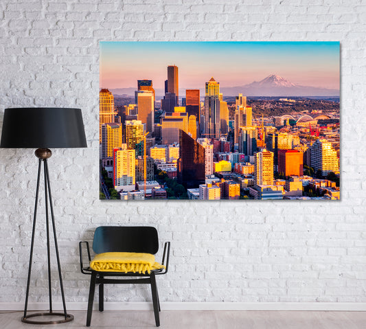 Seattle Skyline and Mount Rainier Volcano USA Canvas Print-Canvas Print-CetArt-1 Panel-24x16 inches-CetArt