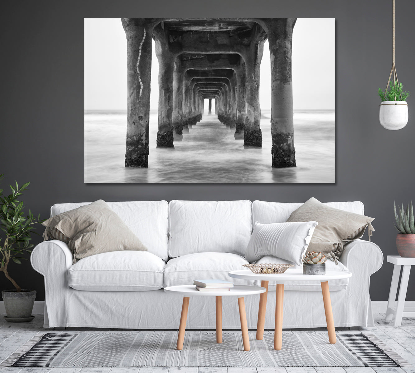 Under the Manhattan Beach Pier in Black and White California Canvas Print-Canvas Print-CetArt-1 Panel-24x16 inches-CetArt